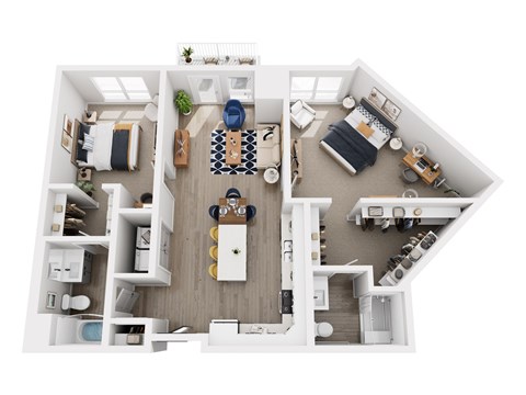 A top-down view of a small apartment with a kitchen, living room, and bedroom.